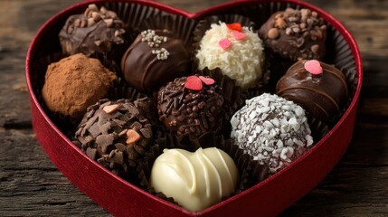 A luxurious heart-shaped box overflows with an assortment of decadent chocolate truffles. The box is a deep red, lined with a contrasting dark red ribbon. Inside, 