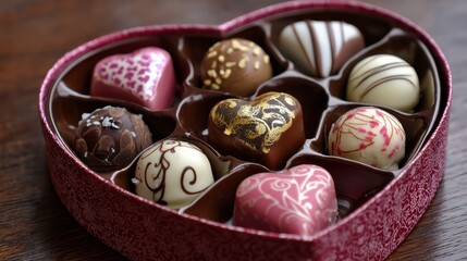 A heart-shaped box overflows with a collection of exquisite chocolates. The box itself is a deep burgundy color with a textured, slightly raised pattern. Inside, twelve individually wrapped chocolates
