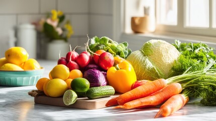 A vibrant still life arrangement of fresh produce sits on a white marble countertop, bathed in natural light streaming through a window.