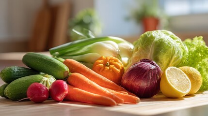 A vibrant assortment of fresh vegetables sits on a light-colored wooden cutting board. A variety of colorful produce ? cucumbers, zucchini,