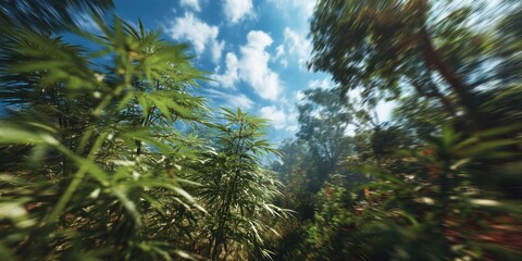 A dynamic, slightly blurred photograph captures a dense cannabis crop growing amidst a lush, green forest. The shot is taken from a low angle, looking upwards through the foliage,
