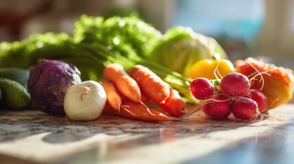 A vibrant assortment of fresh vegetables rests on a wooden cutting board, bathed in warm sunlight streaming through a window. A large pile of leafy greens dominates the foreground, 