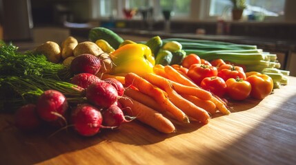 A vibrant assortment of fresh vegetables is arranged on a wooden countertop, bathed in warm sunlight streaming through a window. Potatoes, cucumbers, yellow bell peppers, green beans, radishes, 