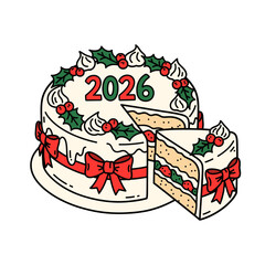 festive Christmas decorated cake for the year 2026, Happy New Year food illustration