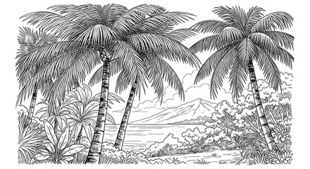 Tropical Island Landscape with Palm Trees and Mountains.