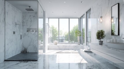 Luxurious Modern Bathroom Design: Marble, Glass, and Natural Light