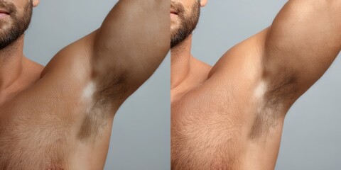 A man stands with his arm raised, showcasing his upper arm and armpit. The image presents a before-and-after comparison. On the left, the man?s armpit displays a prominent, light-colored, 