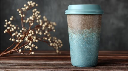 A ceramic travel mug sits on a weathered wooden surface, partially obscured by a delicate branch of dried seed pods. The mug has a gradient color scheme, 
