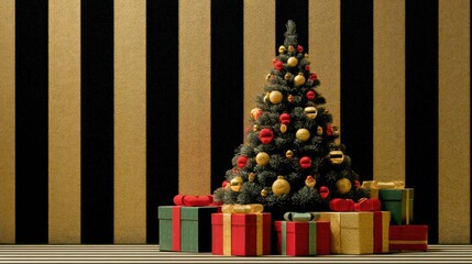 A meticulously styled Christmas tree stands prominently in the foreground, adorned with a rich assortment of red and gold ornaments. Beneath the tree, a stack of brightly wrapped presents