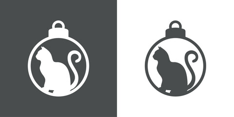 Tiempo de Navidad. Logo con silueta de bola de navidad con gato sentado para tarjetas y felicitaciones 