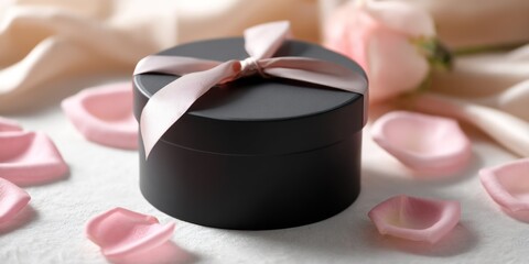 A sleek, black, round gift box sits prominently on a textured, off-white surface. A delicate, pale pink satin ribbon is tied around the box, creating a polished and elegant presentation.