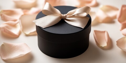 A black gift box with a satin ribbon bow sits prominently on a white surface, surrounded by delicate, pale pink rose petals. The box is circular and appears to be holding a small, unseen item.