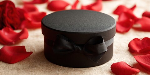 A sleek, black gift box with a satin ribbon bow sits prominently on a textured, beige surface scattered with vibrant red rose petals. The box is circular and appears to be made of a smooth, 