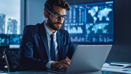 Financial Analyst Working on Laptop in a Modern Office with Data Screens - Powered by Adobe