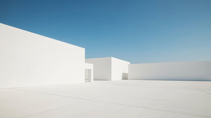 White building blocks against clear blue sky creating an architectural abstract with simple geometry and shadows.