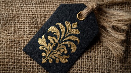 A dark, rectangular tag hangs from a piece of twine, resting on a textured burlap background. The tag features a detailed, ornate gold design ? a stylized floral motif ? printed in gold foil.