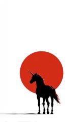 A stark, minimalist image depicts a silhouetted unicorn standing against a vibrant red circle. The unicorn?s form is sharply defined, with its head and neck raised, 