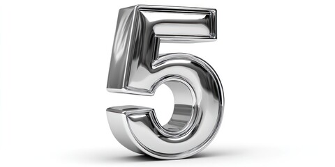 A gleaming, chrome number five stands prominently against a stark black background. The numeral is sharply defined, with a glossy, reflective surface that captures and reflects light.