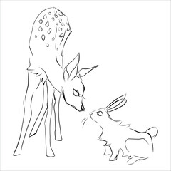 A young deer and a baby rabbit get acquainted, sniff and study each other. Friendship. Cute funny hand-drawn illustration. Vector. Simple, line art, black and white. Design for stickers, pins, prints