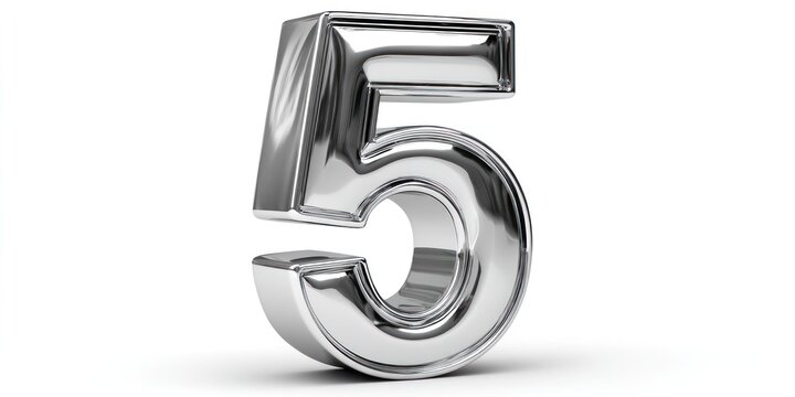 A gleaming, chrome number five stands prominently against a stark black background. The numeral is sharply defined, with a glossy, reflective surface that captures and reflects light.