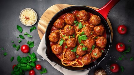 Pan with Italian pasta with tomato sauce and meatballs. Restaurant menu, dieting, cookbook recipe top view 