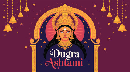 Goddess Durga illustration with ornate arch, golden bells, and festive background in pink and blue for vibrant Durga Ashtami celebration