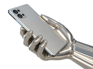 Metallic robot hand holding silver smartphone isolated on a transparent background image