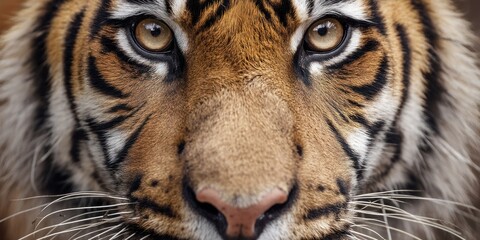A magnificent tiger stares directly at the viewer with intense, golden eyes. The close-up shot focuses on the tiger?s face, showcasing its intricate striped fur, a prominent nose, 