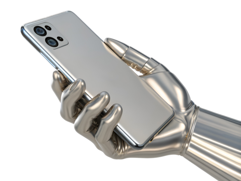 Metallic robot hand holding silver smartphone isolated on a transparent background image