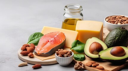 Set low carbs products with high protein and good fat source. Healthy fats, clean eating for weight loss on a light background, Keto or ketogenic diet 