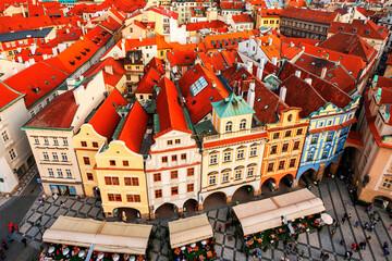 Prague, Czech Republic. Top view. Houses with red roofs in Prague Old Town Square in the Czech Republic. Picturesque view of the roofs of ancient houses in Prague