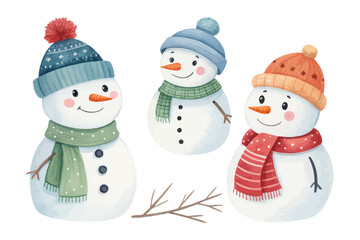 set of Watercolor Snowman with Winter Scarf and Hat
