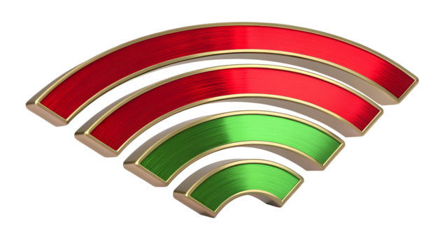 Metallic wifi signal symbol with red and green segments isolated on a transparent background