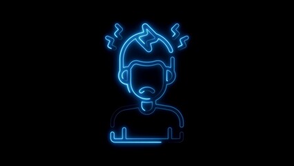 Blue Neon Outline of Stressed Person with Lightning Bolts glowing