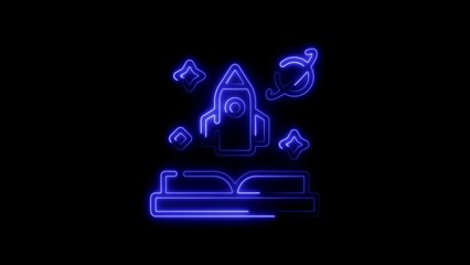 Blue Neon Rocket Ship Above Open Book with Stars and Planet Icon image photo