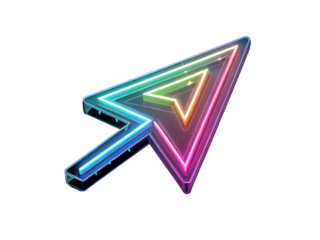 Neon arrow cursor glowing with rainbow colors isolated on a transparent background light
