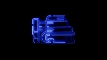 Blue Neon Stacked Books Icon on Black Background reading education