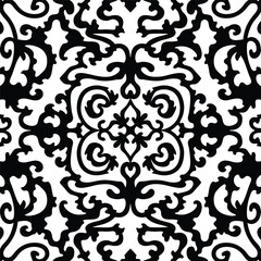 Black and white damask pattern with ornate floral swirls
