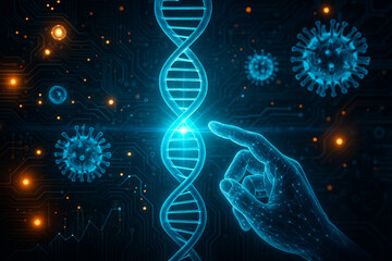 AI generated futuristic image of glowing dna helix with holographic hand molecular structures virus particles and circuit board graphics symbolizing genetics biotechnology and digital bioinformatics