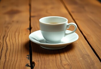 Obraz premium A pristine white ceramic coffee cup and saucer rest on a rustic wooden table, surface, wooden