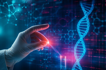 AI generated conceptual image of gloved hand interacting with virtual interface surrounded by glowing dna helix molecular network and digital data in futuristic science atmosphere