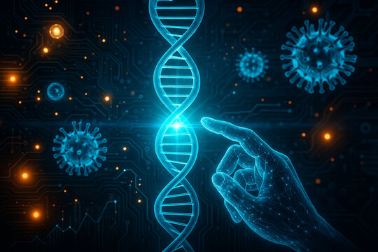 AI generated futuristic image of glowing dna helix with holographic hand molecular structures virus particles and circuit board graphics symbolizing genetics biotechnology and digital bioinformatics