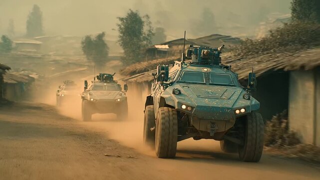 Armored convoy cautiously moving on a rural dirt road
