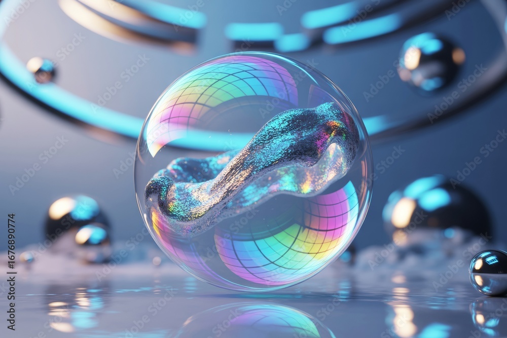 Wall mural abstract glowing sphere with iridescent fluid core and neon reflections on glossy surface, surrounde