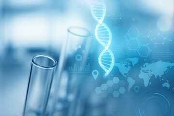 AI generated conceptual image of laboratory test tubes with glowing dna helix hexagon graphics and digital data overlay symbolizing genetics bioinformatics medical research futuristic biotechnology