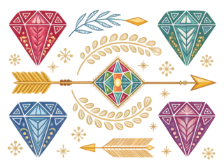 Ornate faceted gems and arrows with botanical accents isolated on a transparent background
