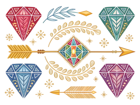 Ornate faceted gems and arrows with botanical accents isolated on a transparent background