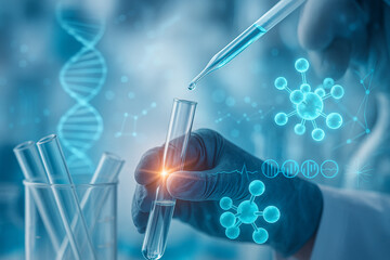 AI generated conceptual image of scientist hand using pipette with test tube surrounded by laboratory glassware glowing molecular structures dna strands and digital graphics symbolizing modern science
