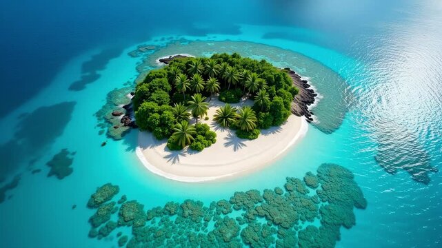 Aerial view of a secluded tropical island with palm trees, white sand beach, and turquoise water, a paradise destination for vacation and travel, idyllic and exotic landscape 4k video
