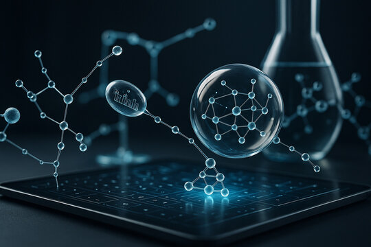 AI generated conceptual image of transparent molecular structures floating above a glowing digital surface with laboratory background in futuristic blue tones